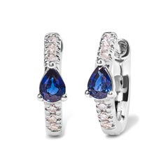 10K White Gold Blue Sapphire and 1/10 Carat Diamond Huggy Hoop Earrings