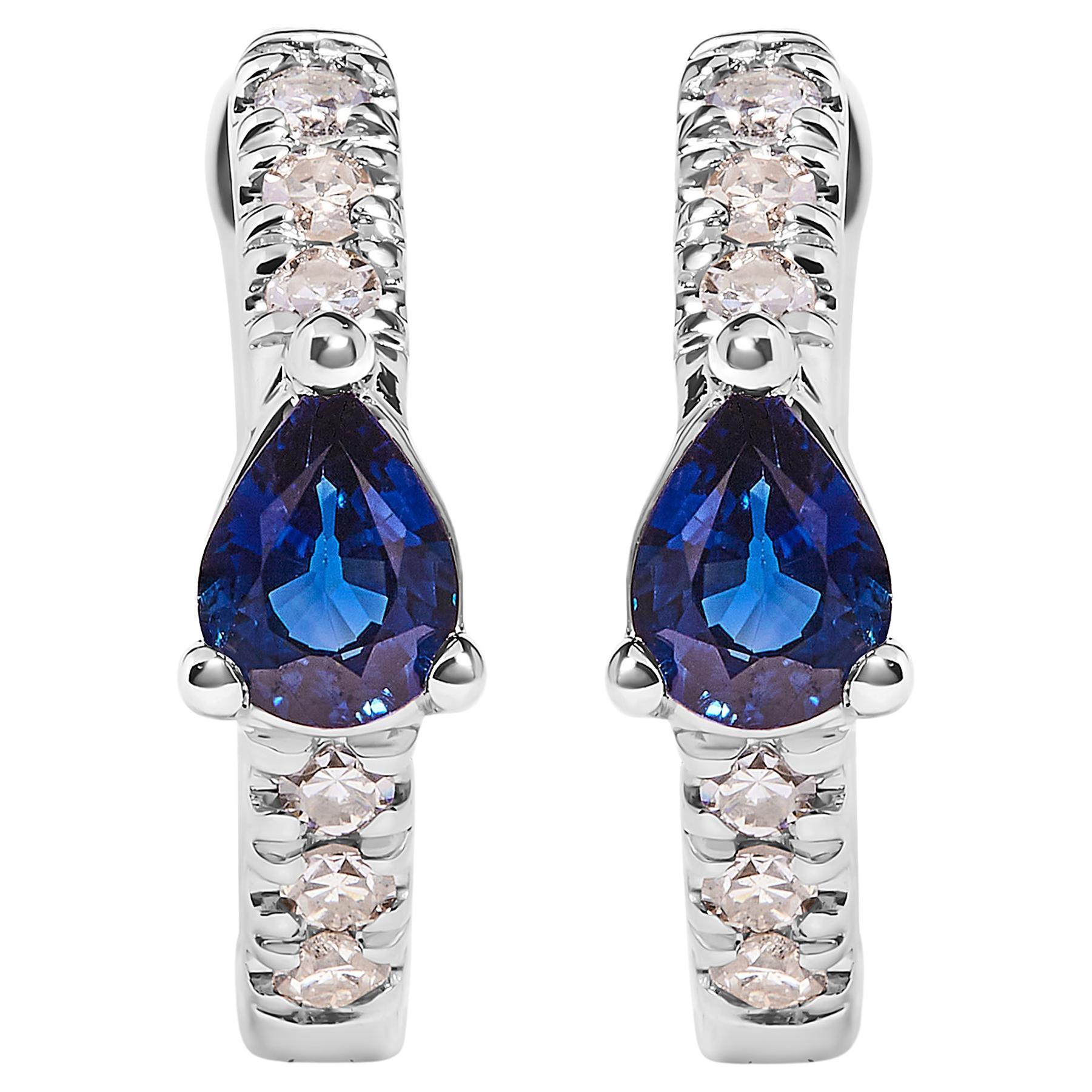 10K White Gold Blue Sapphire and 1/10 Carat Diamond Huggy Hoop Earrings For Sale
