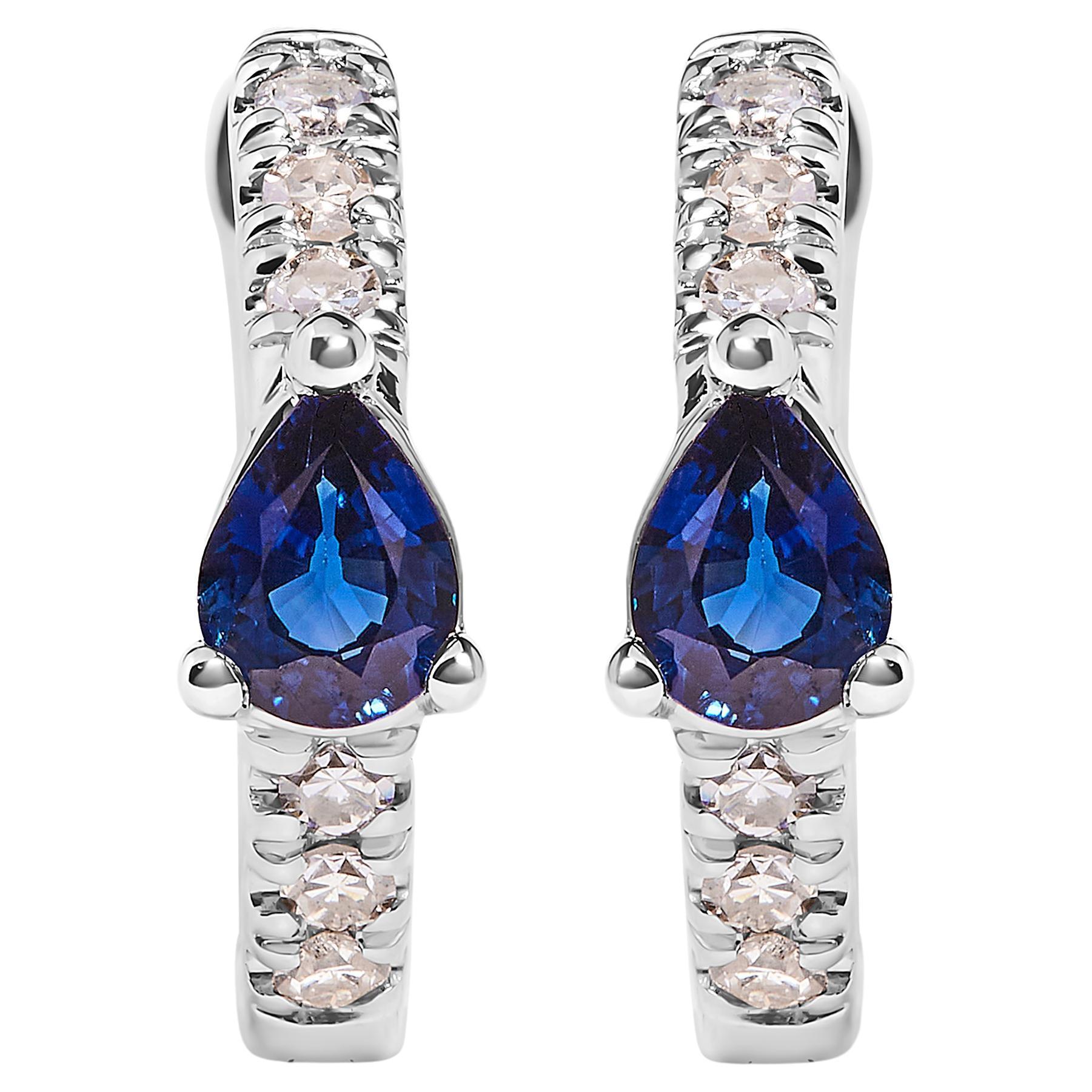 10K White Gold Blue Sapphire and 1/10 Carat Diamond Huggy Hoop Earrings