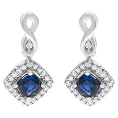 10K White Gold Blue  Sapphire and Diamond Halo Cushion Shaped Drop Earrings