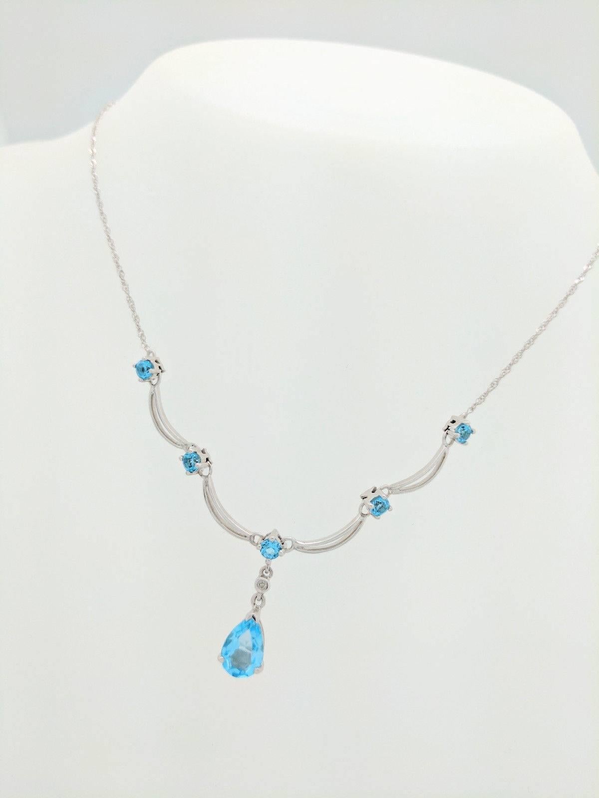  10K White Gold Blue Topaz Gemstone Necklace 17