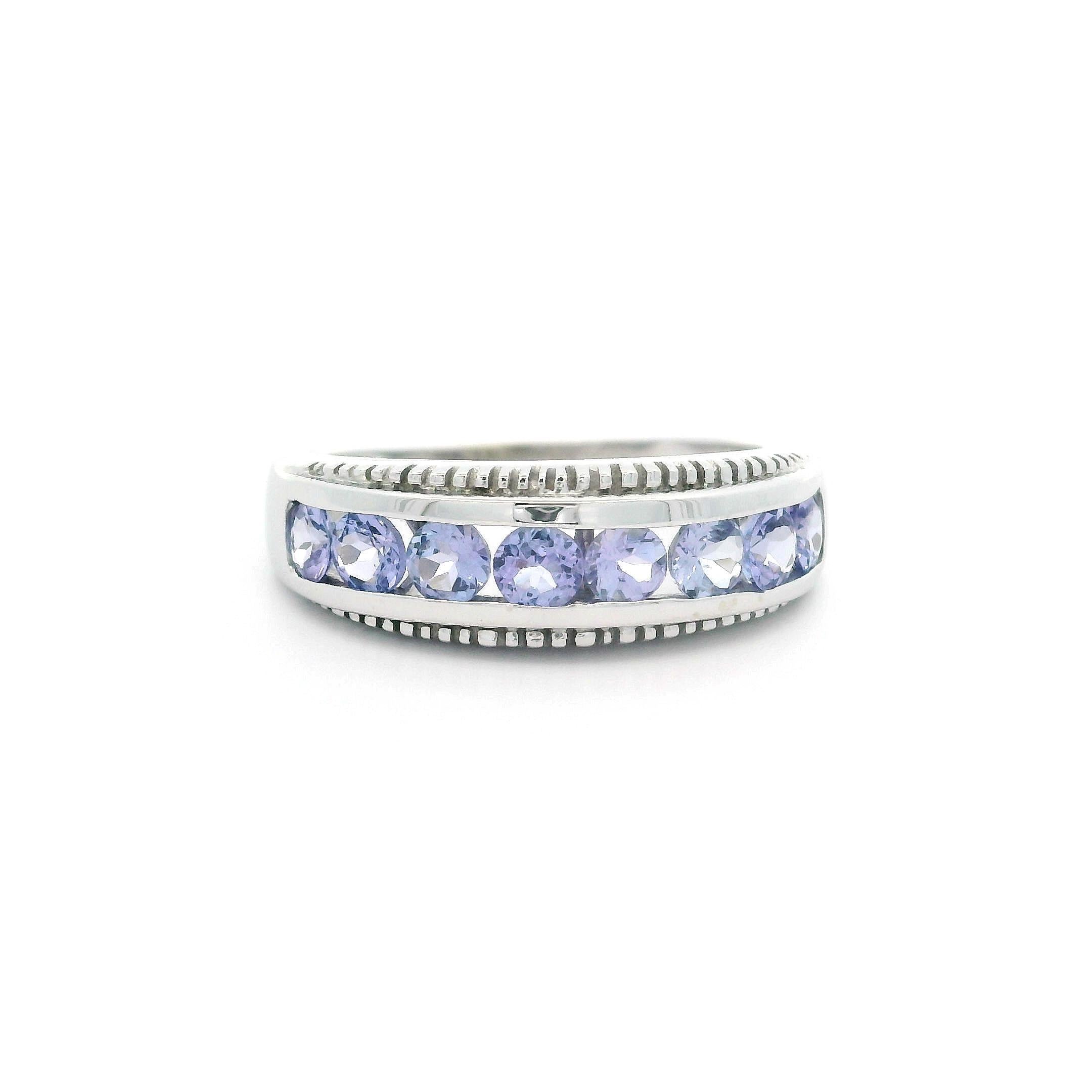 10k White Gold Channel Set Tanzanite 6.4mm Classic Milgrain Band Ring For Sale 6