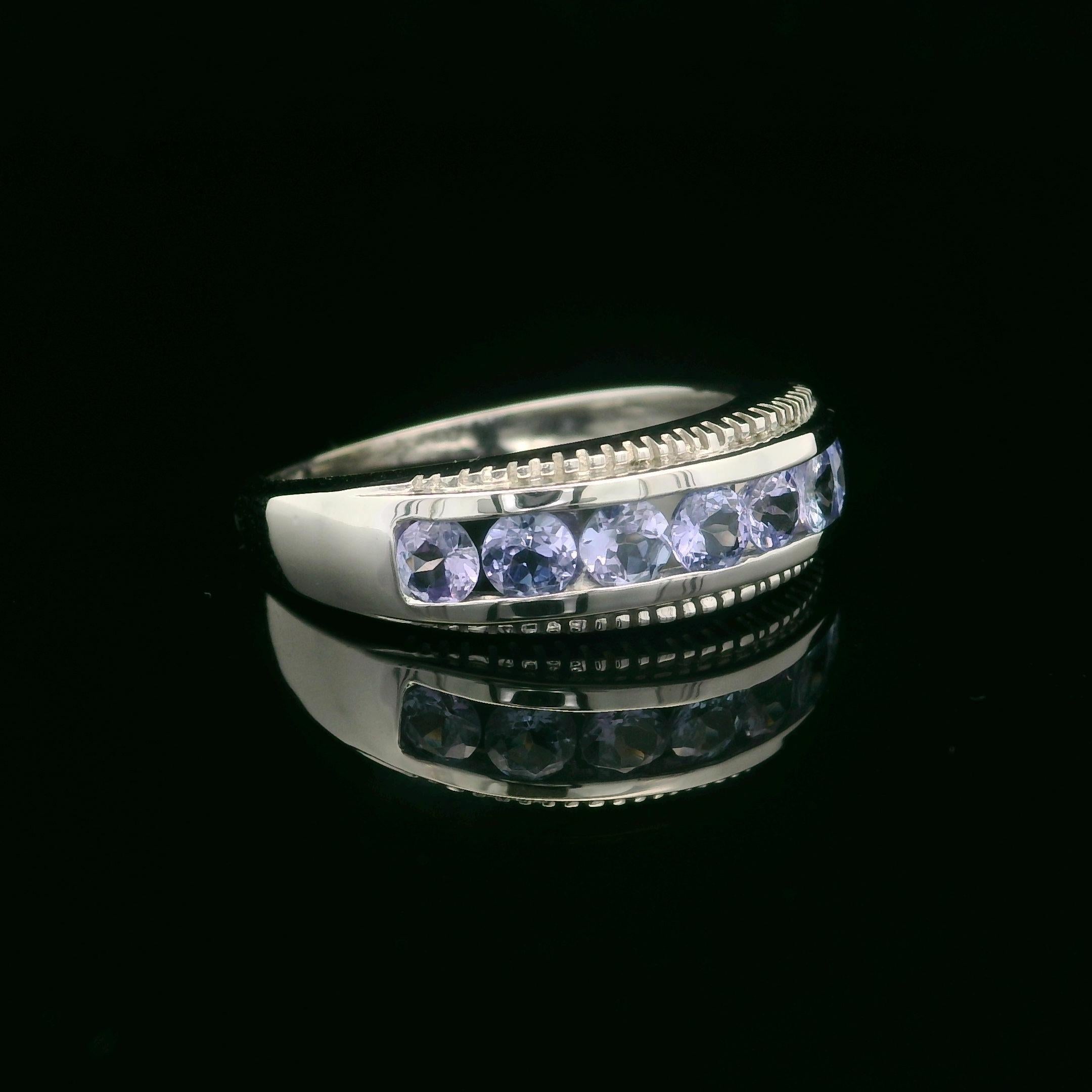 10k White Gold Channel Set Tanzanite 6.4mm Classic Milgrain Band Ring In Excellent Condition For Sale In Montclair, NJ