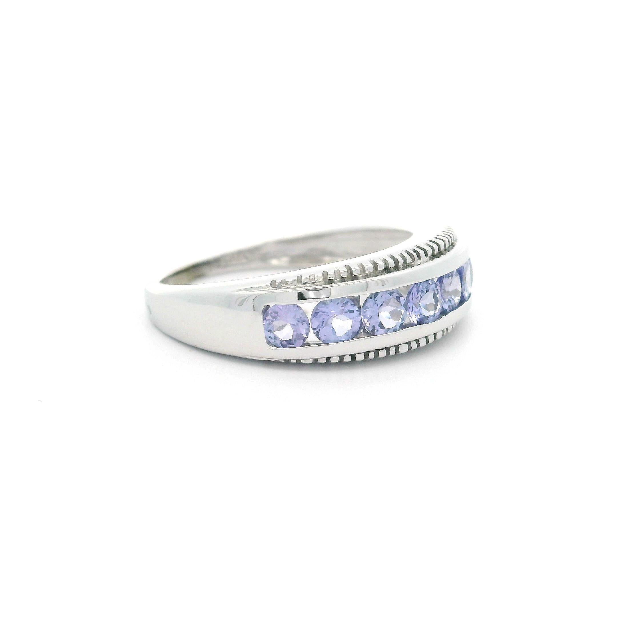 10k White Gold Channel Set Tanzanite 6.4mm Classic Milgrain Band Ring For Sale 1
