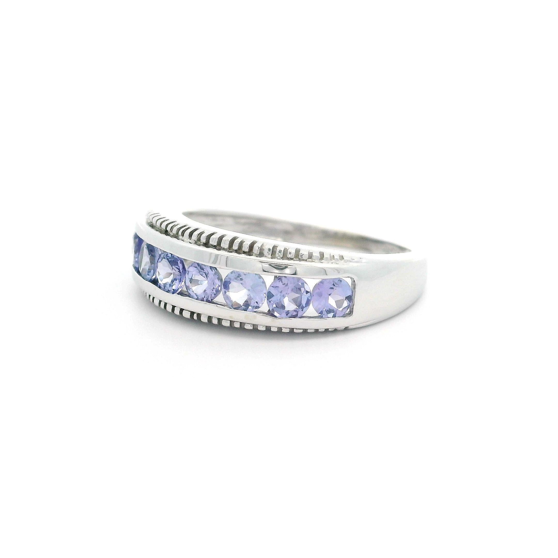 10k White Gold Channel Set Tanzanite 6.4mm Classic Milgrain Band Ring For Sale 2