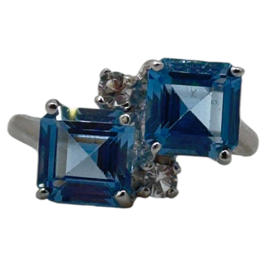 10K White Gold Cocktail Ring with Blue Topaz and Diamond Accents, 1990 For Sale
