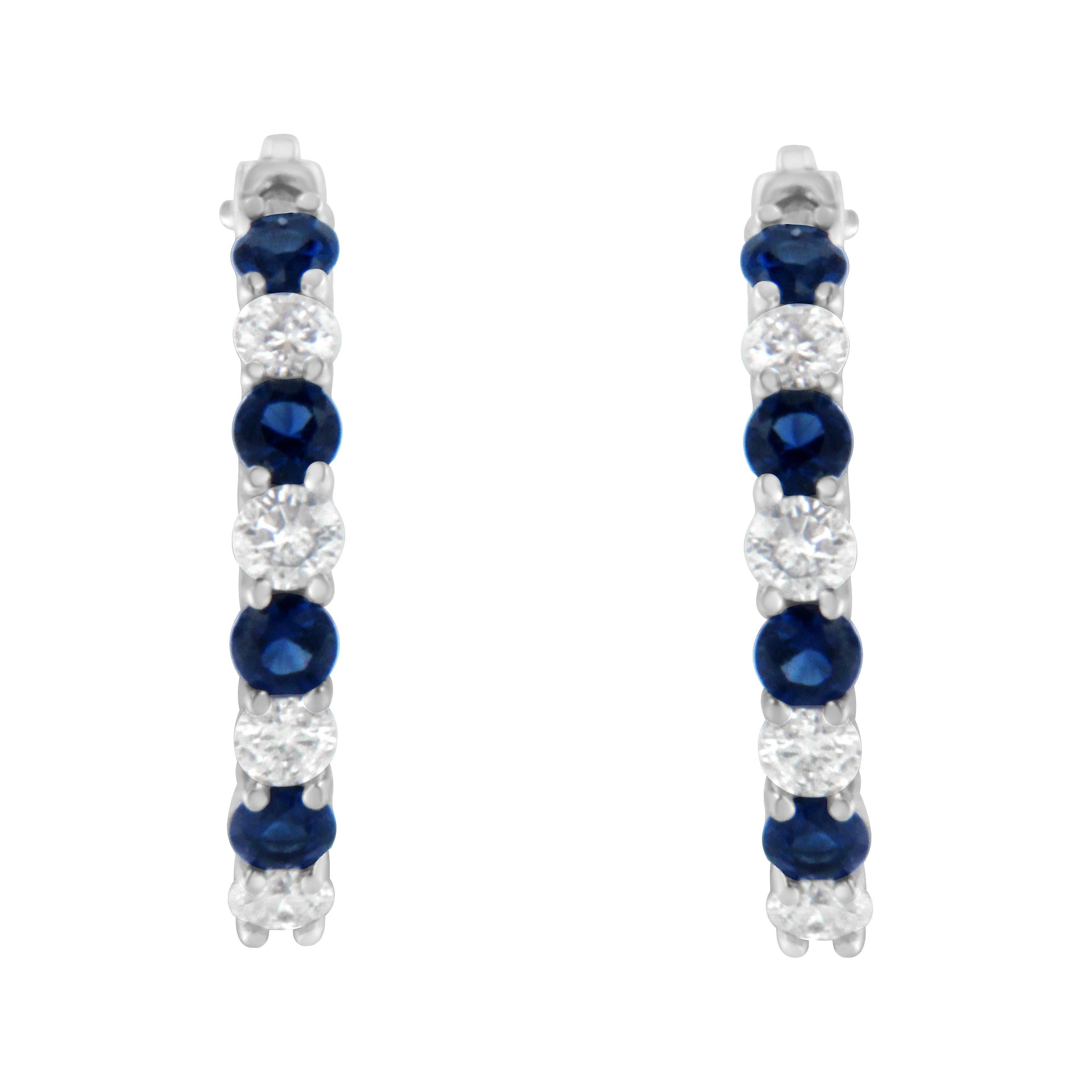 Round Cut 10K White Gold Created Blue Sapphire and 1/2 Carat Diamond Hoop Earrings For Sale