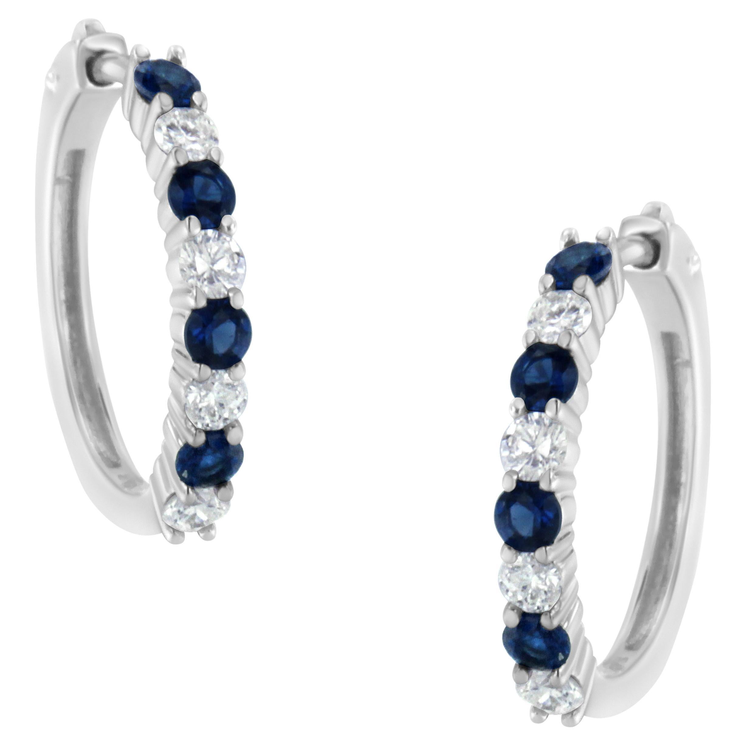 10K White Gold Created Blue Sapphire and 1/2 Carat Diamond Hoop Earrings