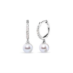 10K White Gold Cultured Freshwater Pearl and Diamond Accent Drop Huggy Earring