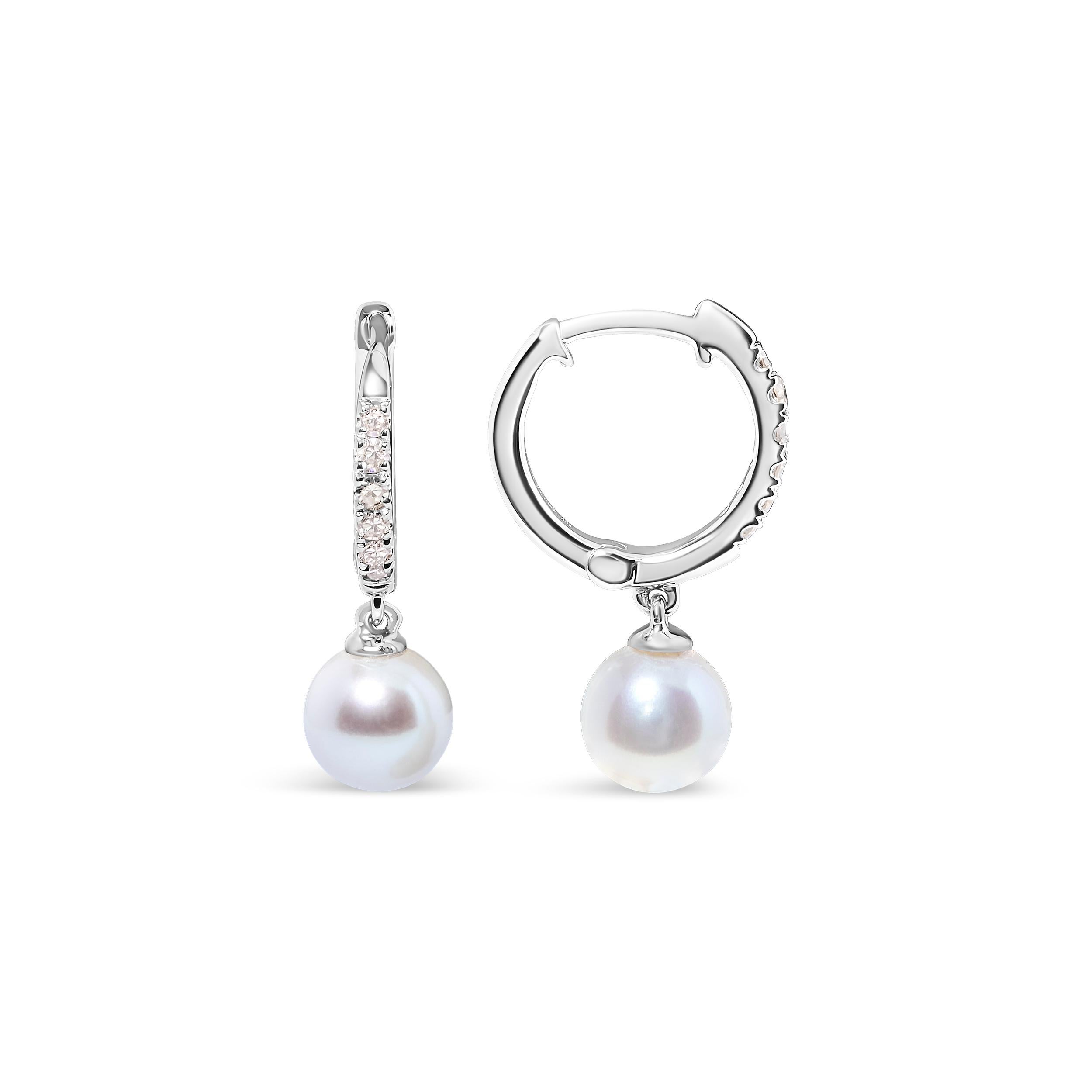 Modern 10K White Gold Cultured Freshwater Pearl and Diamond Accent Drop Huggy Earring For Sale