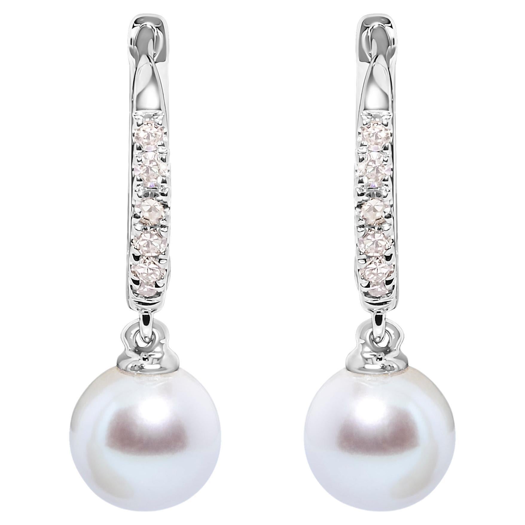 10K White Gold Cultured Freshwater Pearl and Diamond Accent Drop Huggy Earring