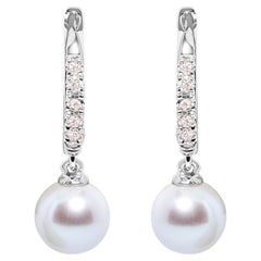 10K White Gold Cultured Freshwater Pearl and Diamond Accent Drop Huggy Earring