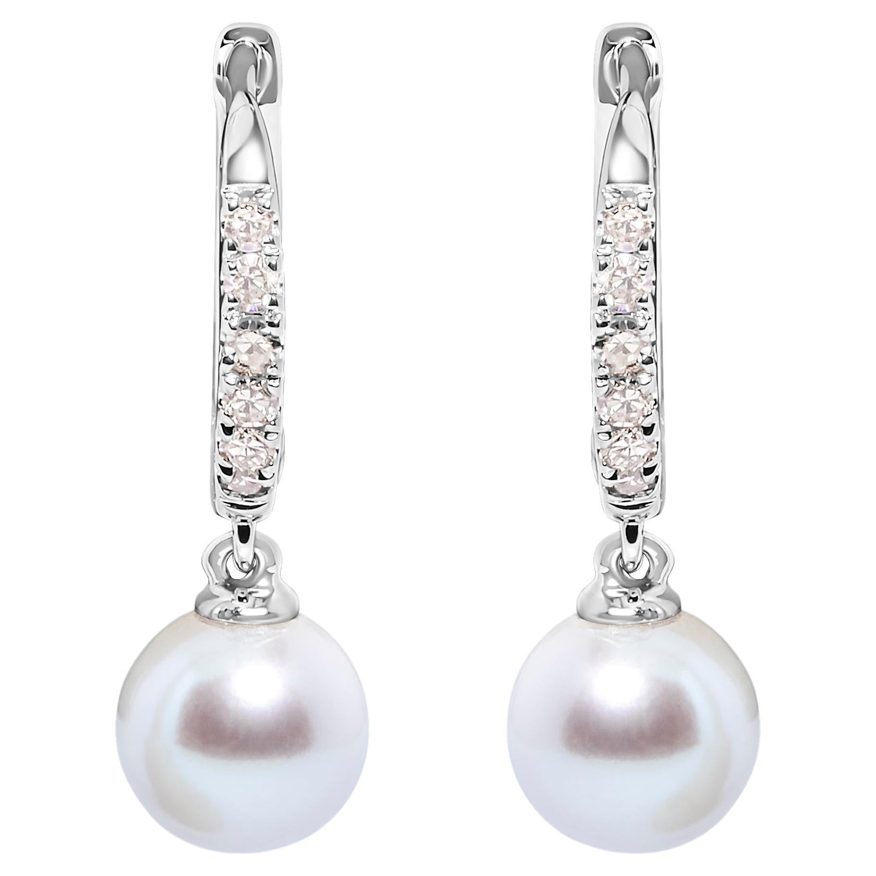 10K White Gold Cultured Freshwater Pearl and Diamond Accent Drop Huggy Earring For Sale