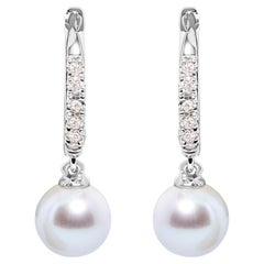 10K White Gold Cultured Freshwater Pearl and Diamond Accent Drop Huggy Earring