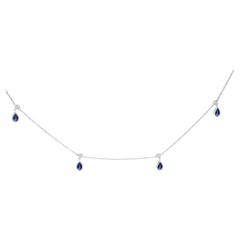10K White Gold Dangling 5x3 mm Pear Blue Sapphire and Diamond Station Necklace