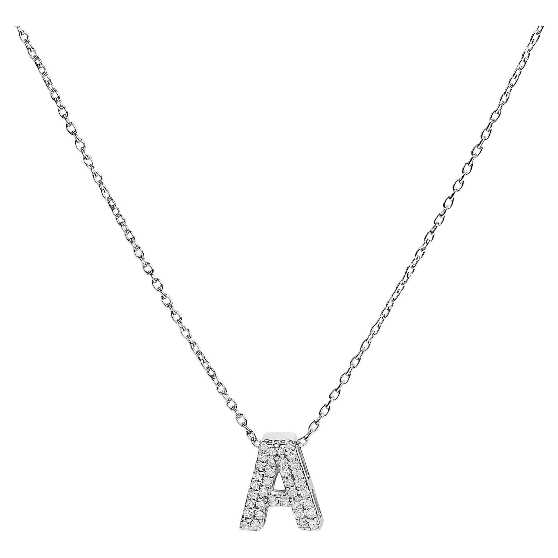 10K White Gold Diamond Accent "A" Initial Bubble Pendant Necklace For Sale