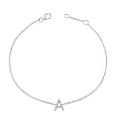 Bracelet en or blanc 10K avec breloque et lien pour l'initiale "A" sertie de diamants