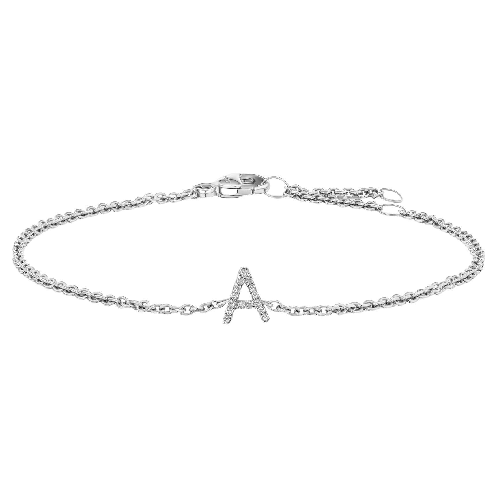 10K White Gold Diamond Accent "A" Initial Charm and Link Bracelet For Sale