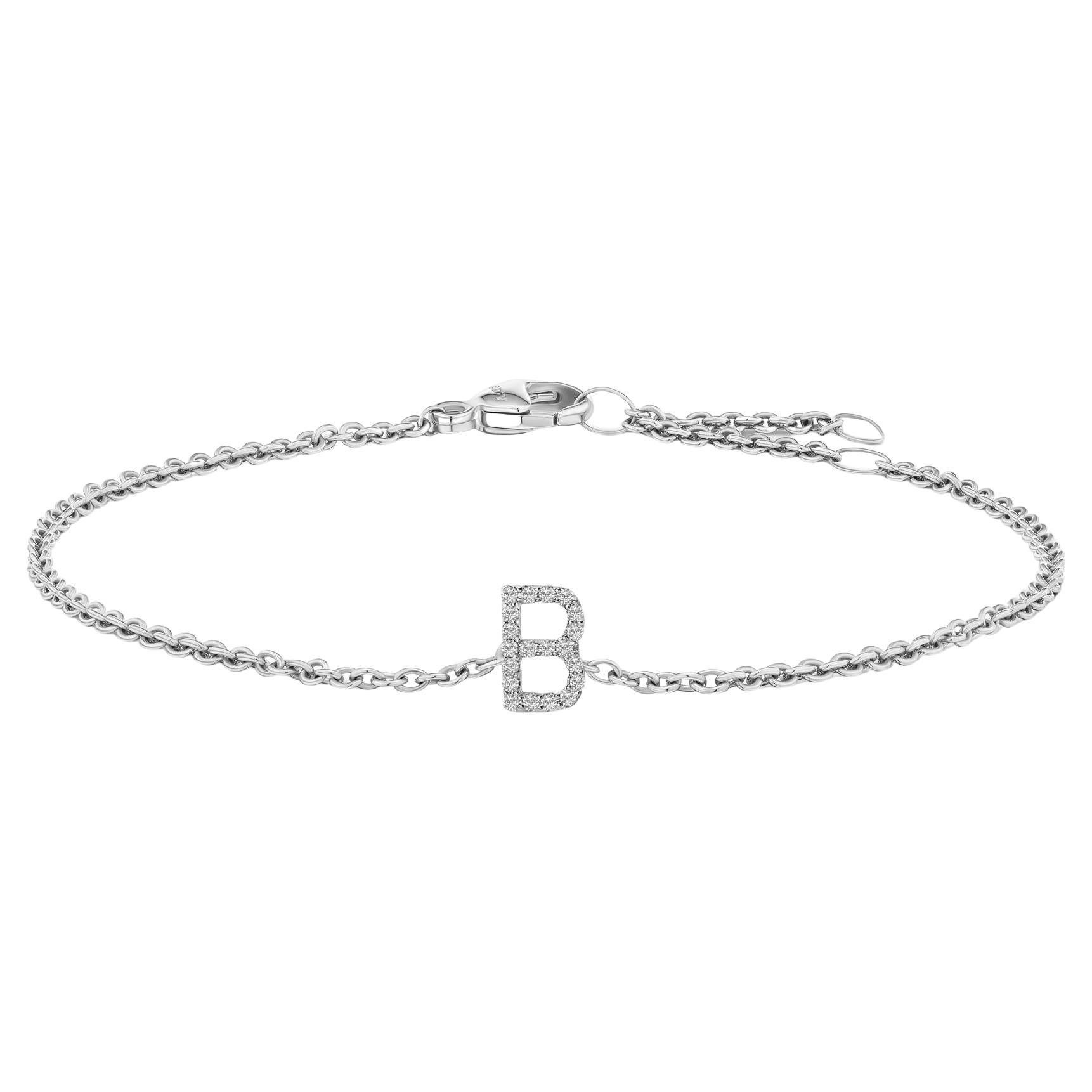 10K White Gold Diamond Accent "B" Initial Charm and Link Bracelet For Sale