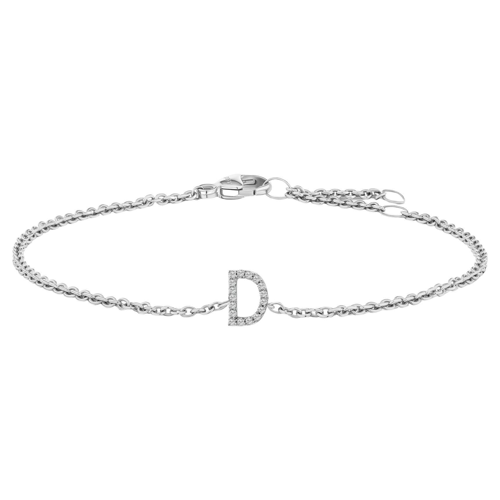 10K White Gold Diamond Accent "D" Initial Charm and Link Bracelet For Sale