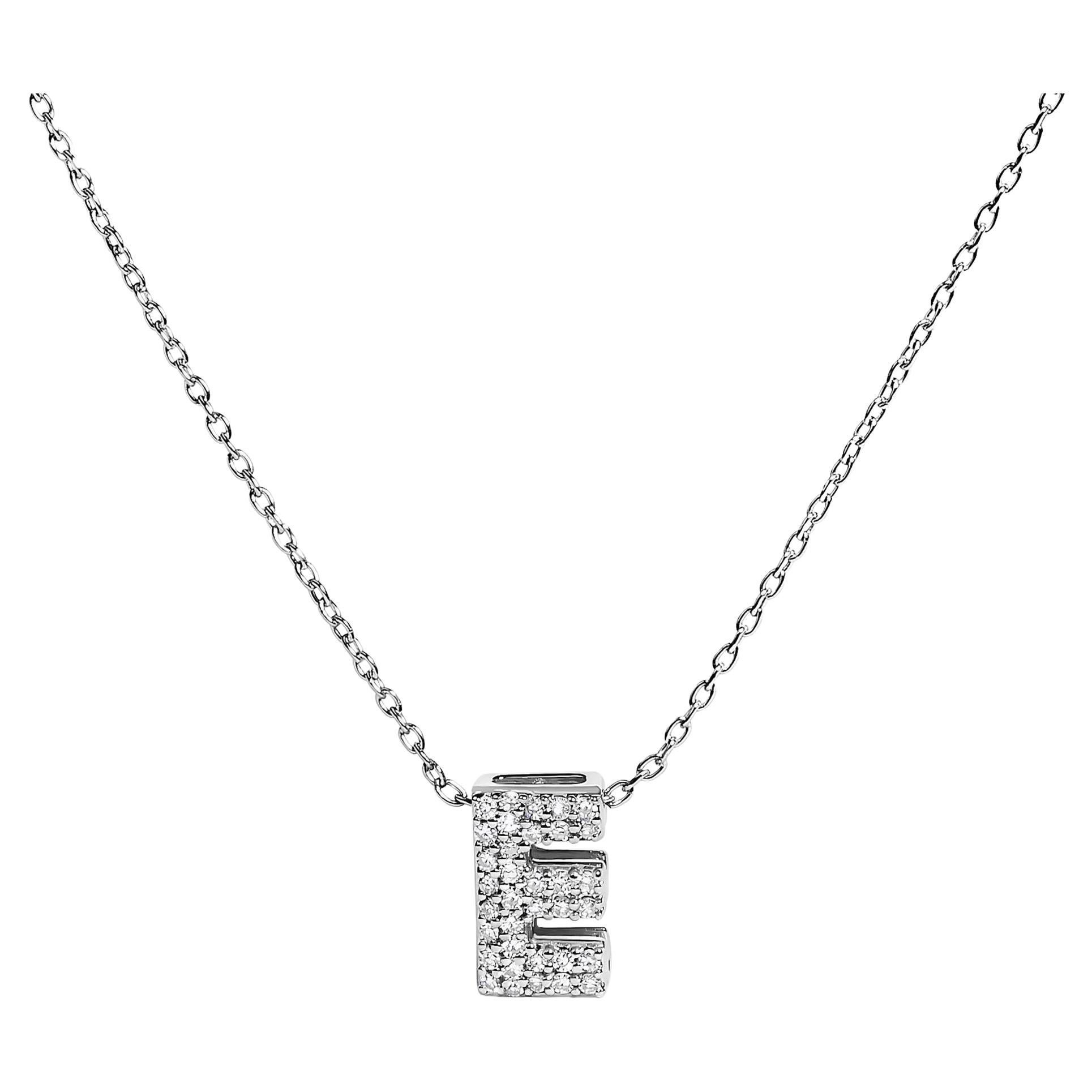 10K White Gold Diamond Accent "E" Initial Bubble Pendant Necklace For Sale
