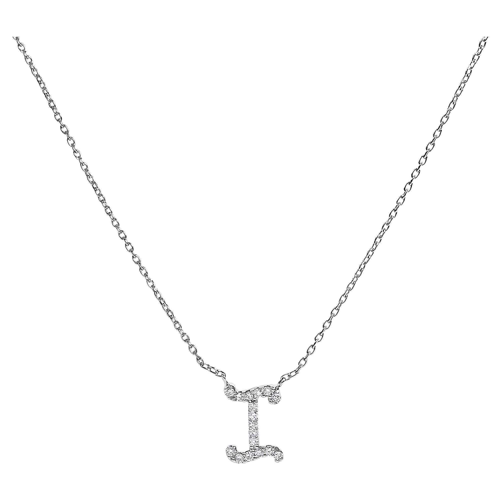 10K White Gold Diamond Accent "I" Initial Script Style Pendant Necklace For Sale