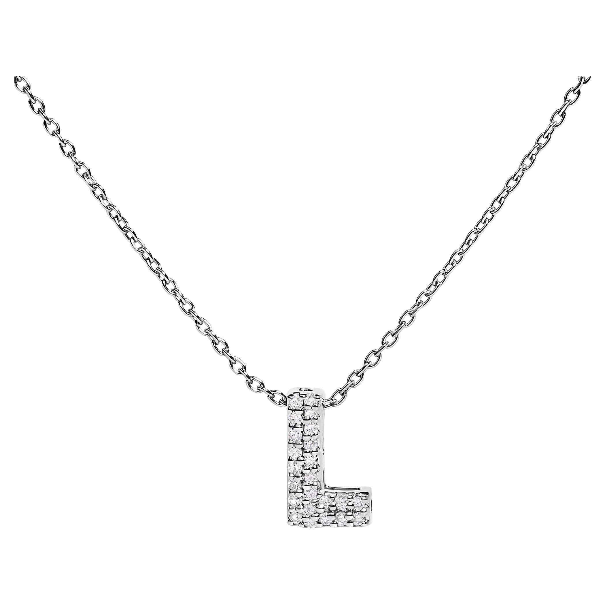 Collier en or blanc 10K avec pendentif en forme de bulle à l'initiale "L" rehaussée de diamants