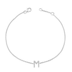 10K White Gold Diamond Accent "M" Initial Charm and Link Bracelet