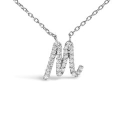 10K White Gold Diamond Accent "M" Initial Script Style Pendant Necklace