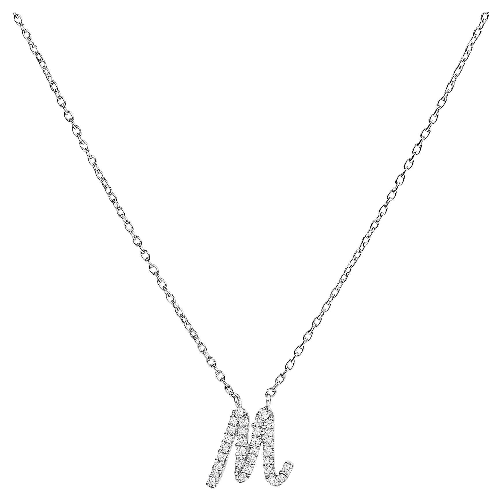 10K White Gold Diamond Accent "M" Initial Script Style Pendant Necklace