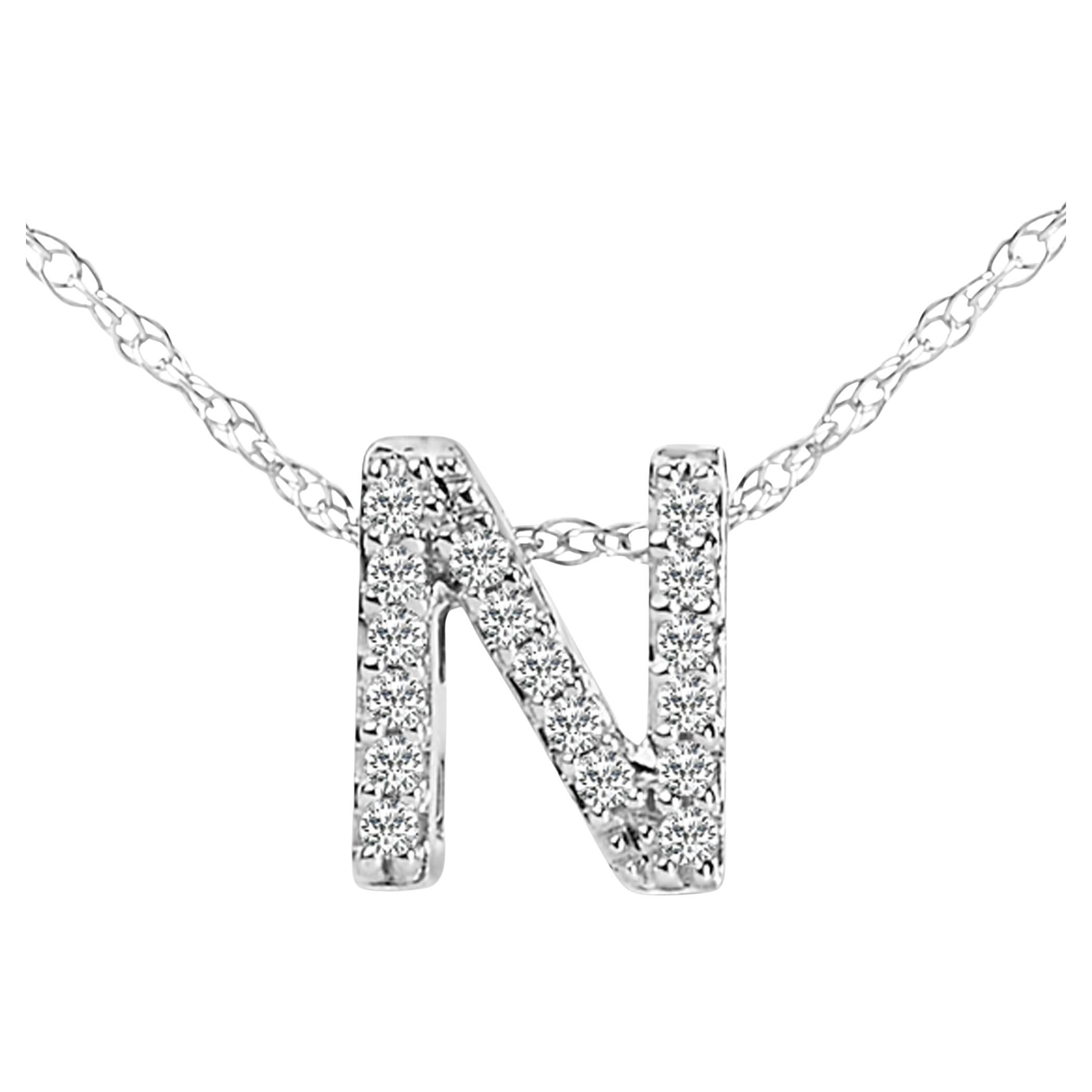 Collana con ciondolo con iniziale alfabetica "N" in oro bianco 10K con accenti di diamanti
