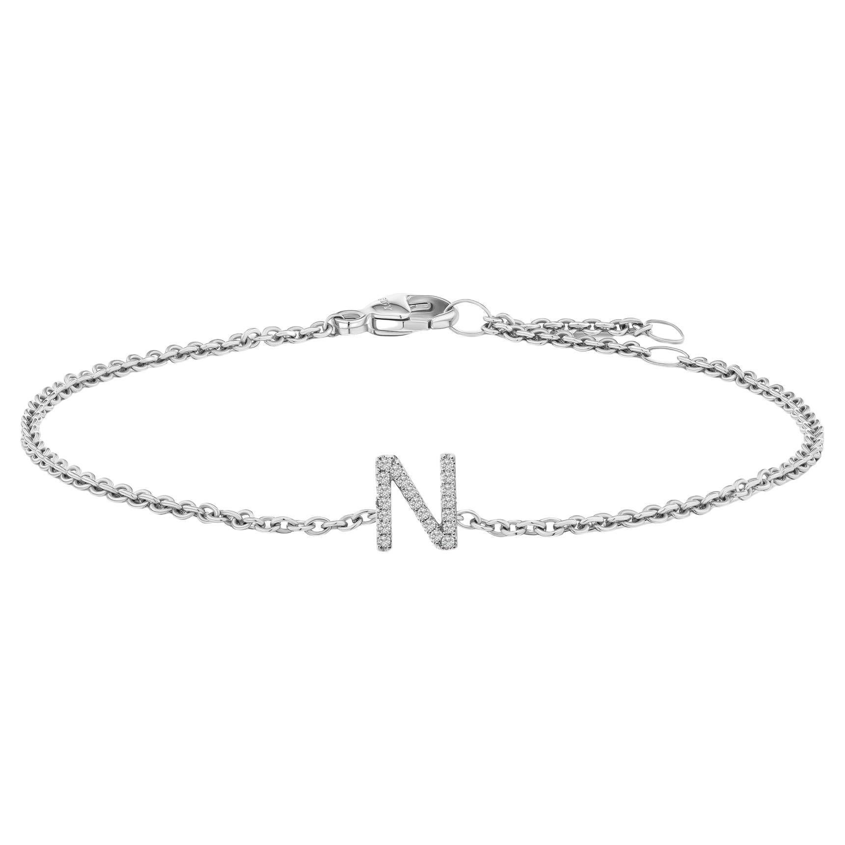 10K White Gold Diamond Accent "N" Initial Charm and Link Bracelet For Sale