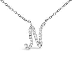 10K White Gold Diamond Accent "N" Initial Script Style Pendant Necklace