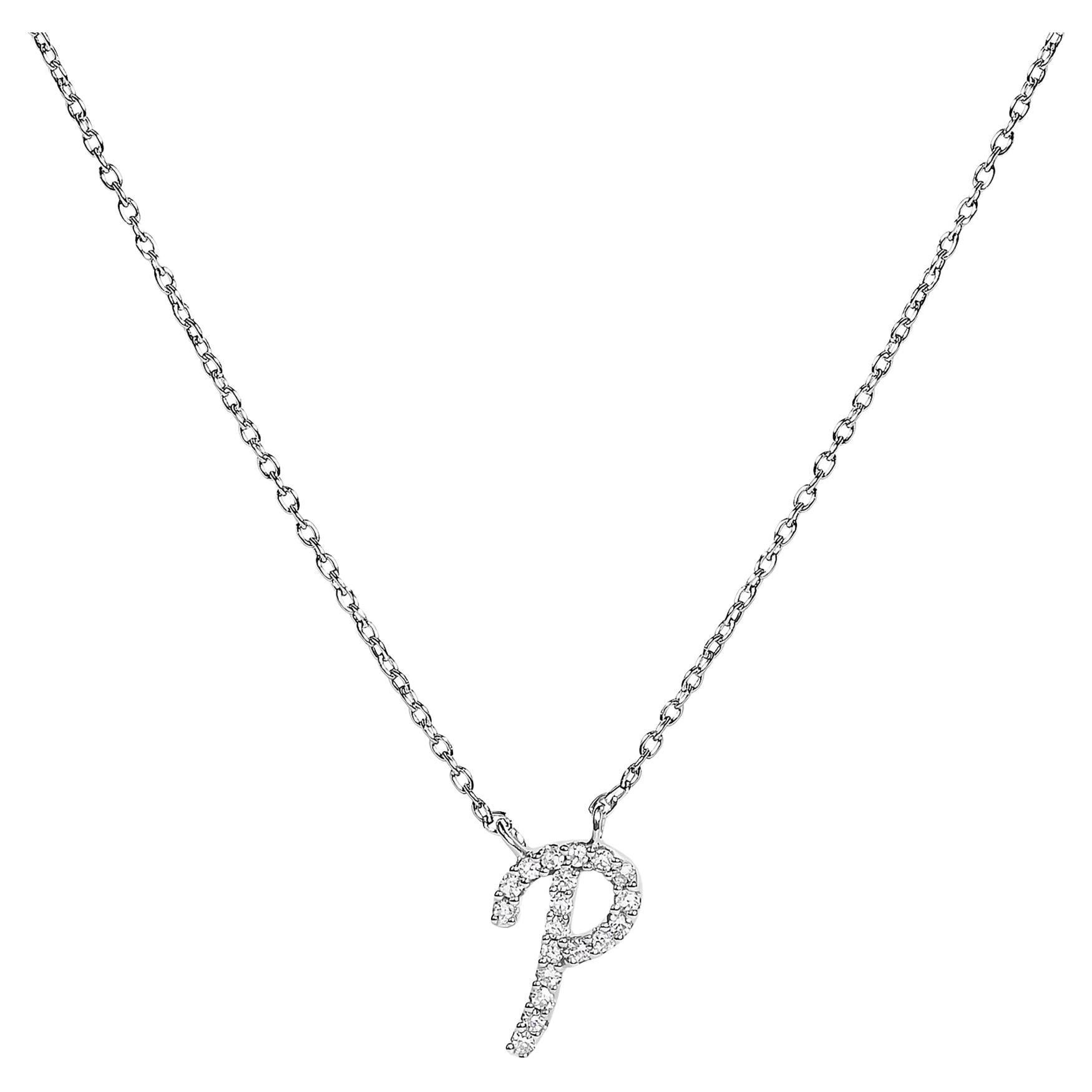 10K White Gold Diamond Accent "P" Initial Script Style Pendant Necklace For Sale