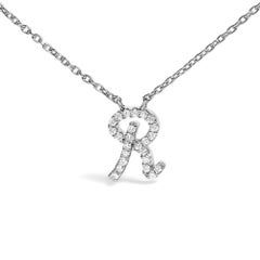 10K White Gold Diamond Accent "R" Initial Script Style Pendant Necklace