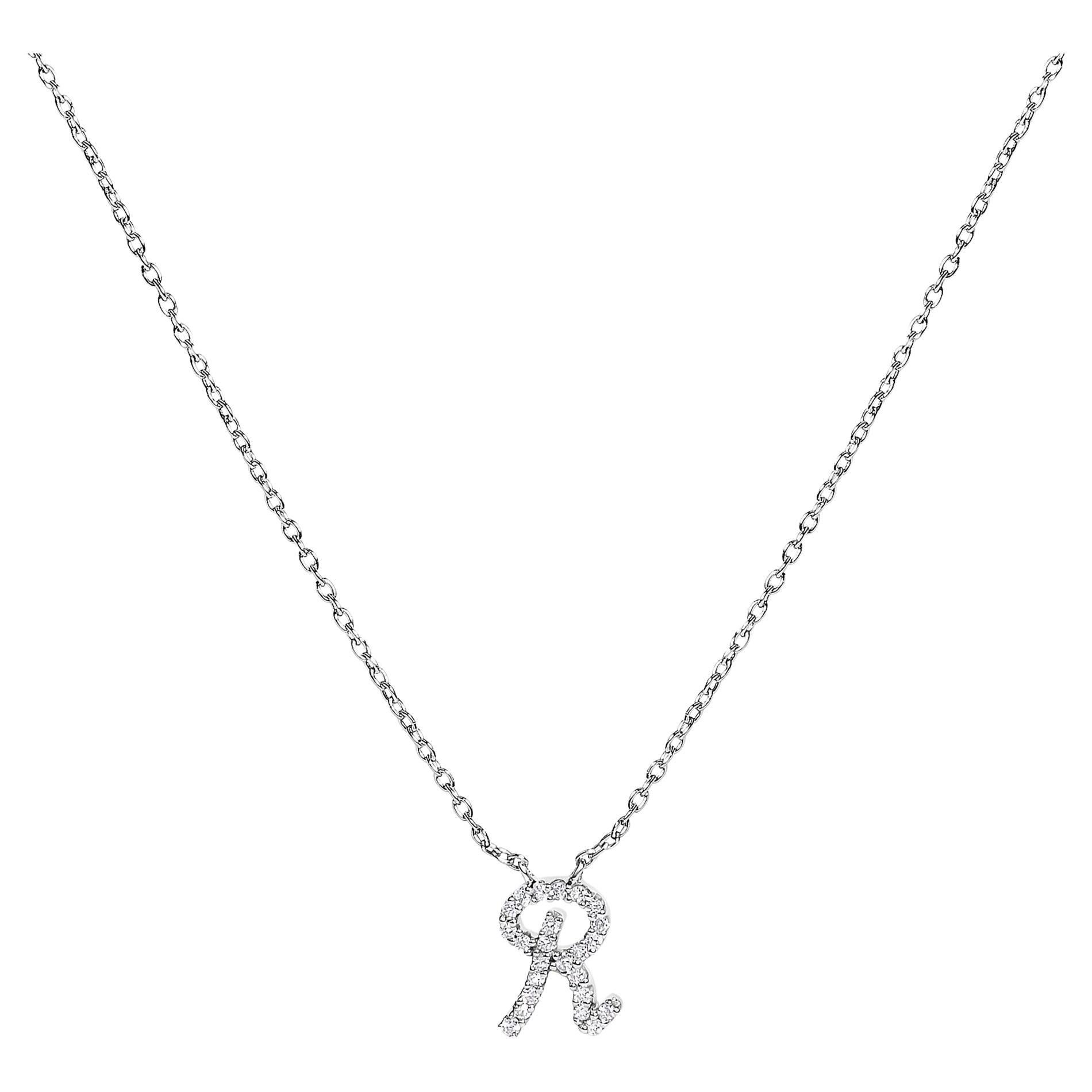 10K White Gold Diamond Accent "R" Initial Script Style Pendant Necklace