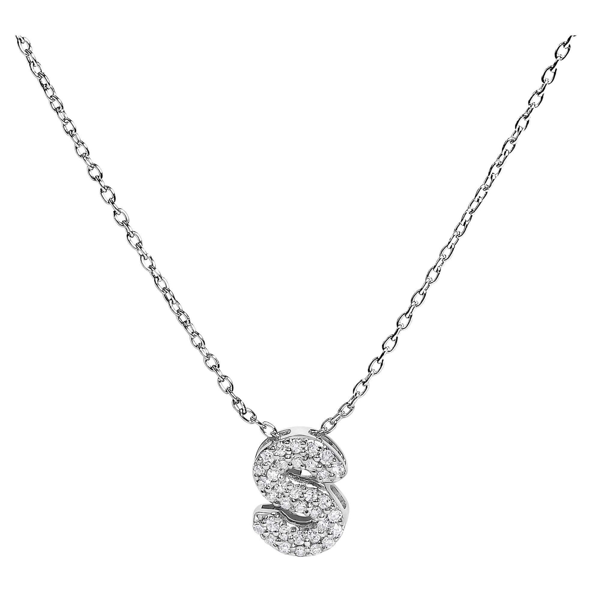 Collier en or blanc 10K avec pendentif en forme de bulle à l'initiale "S" rehaussée de diamants