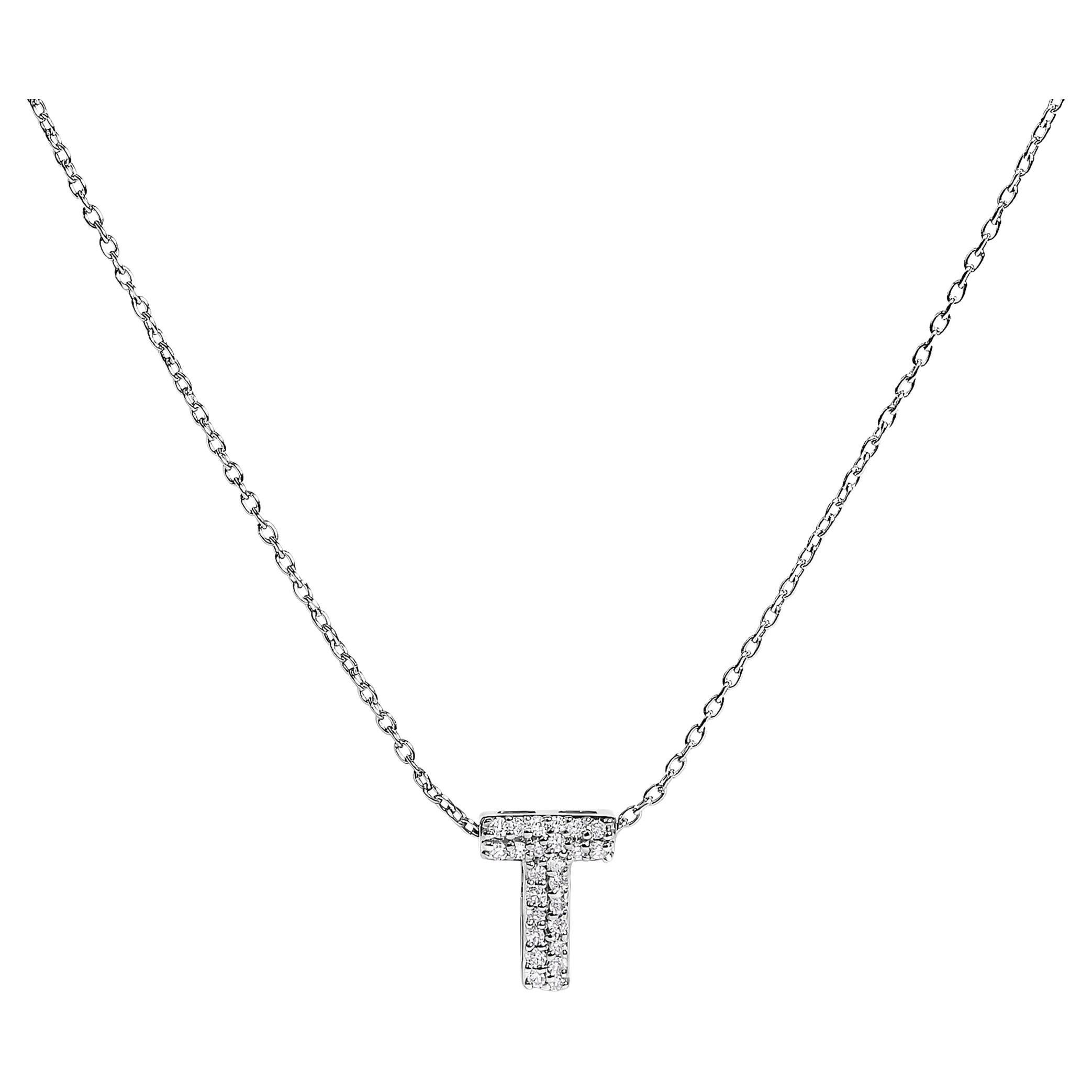 10K White Gold Diamond Accent "T" Initial Bubble Pendant Necklace