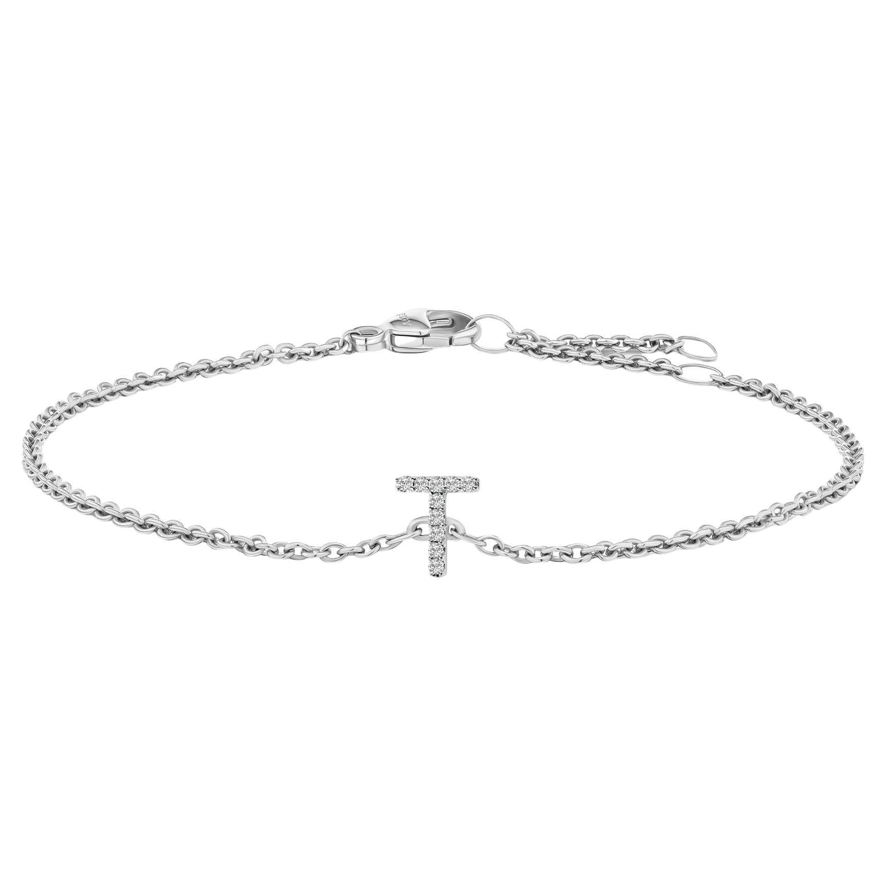 10K White Gold Diamond Accent "T" Initial Charm and Link Bracelet