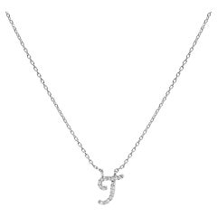 10K White Gold Diamond Accent "T" Initial Script Style Pendant Necklace