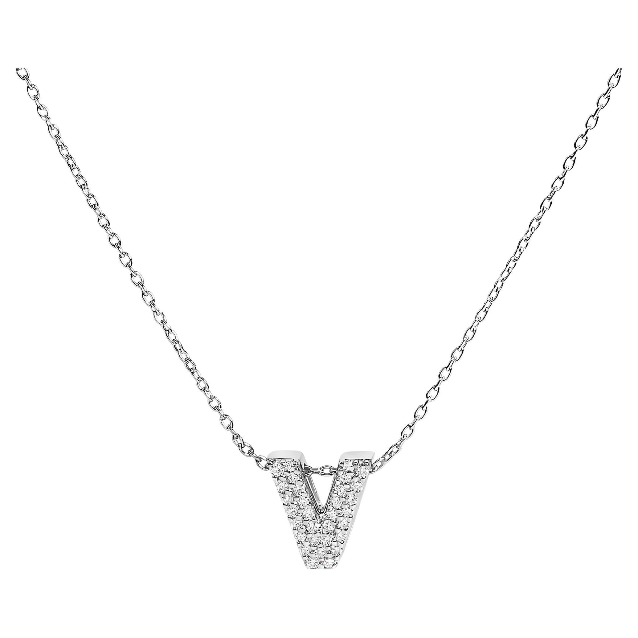 10K White Gold Diamond Accent "V" Initial Bubble Pendant Necklace For Sale