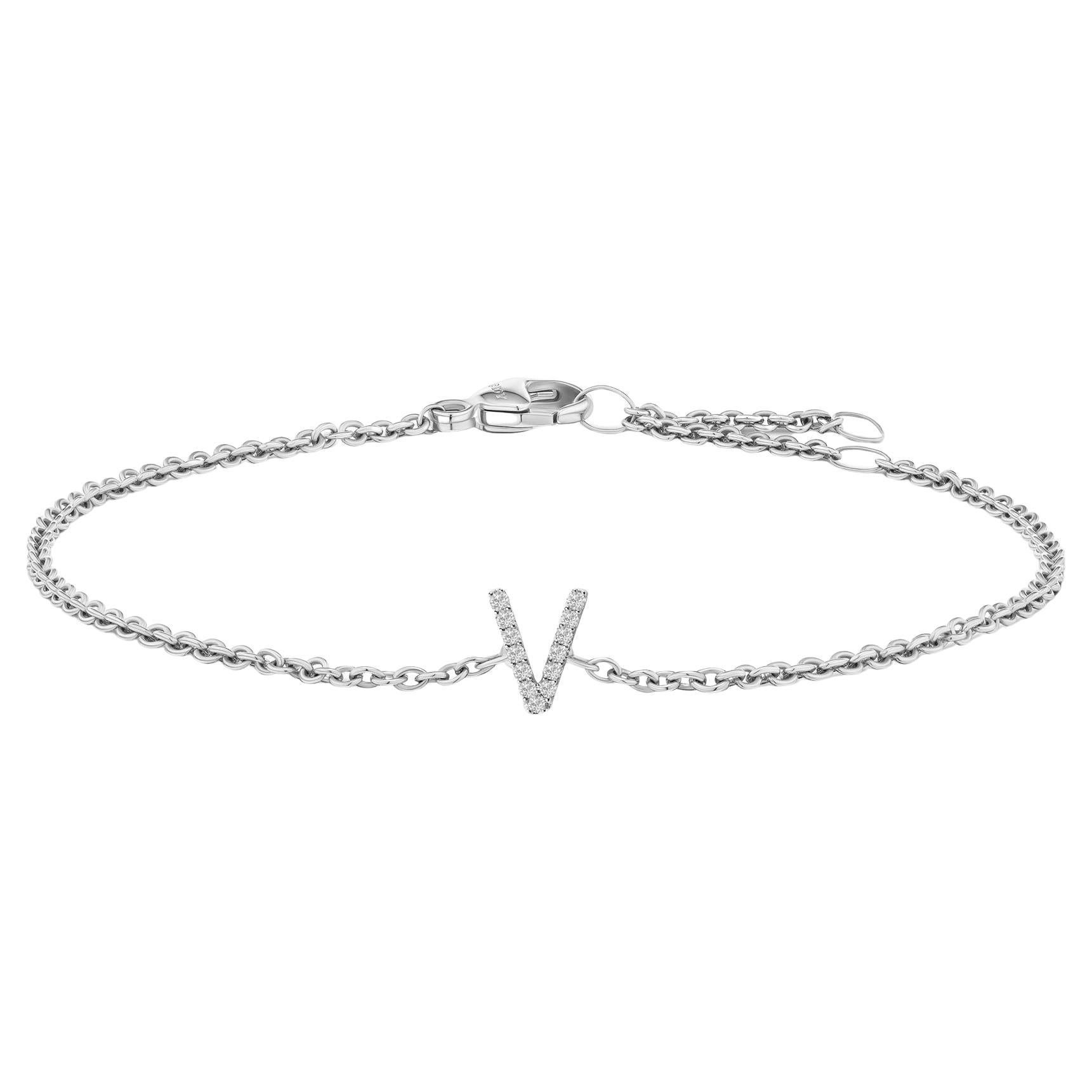 10K White Gold Diamond Accent "V" Initial Charm and Link Bracelet For Sale