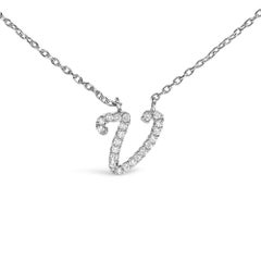 10K White Gold Diamond Accent "V" Initial Script Style Pendant Necklace