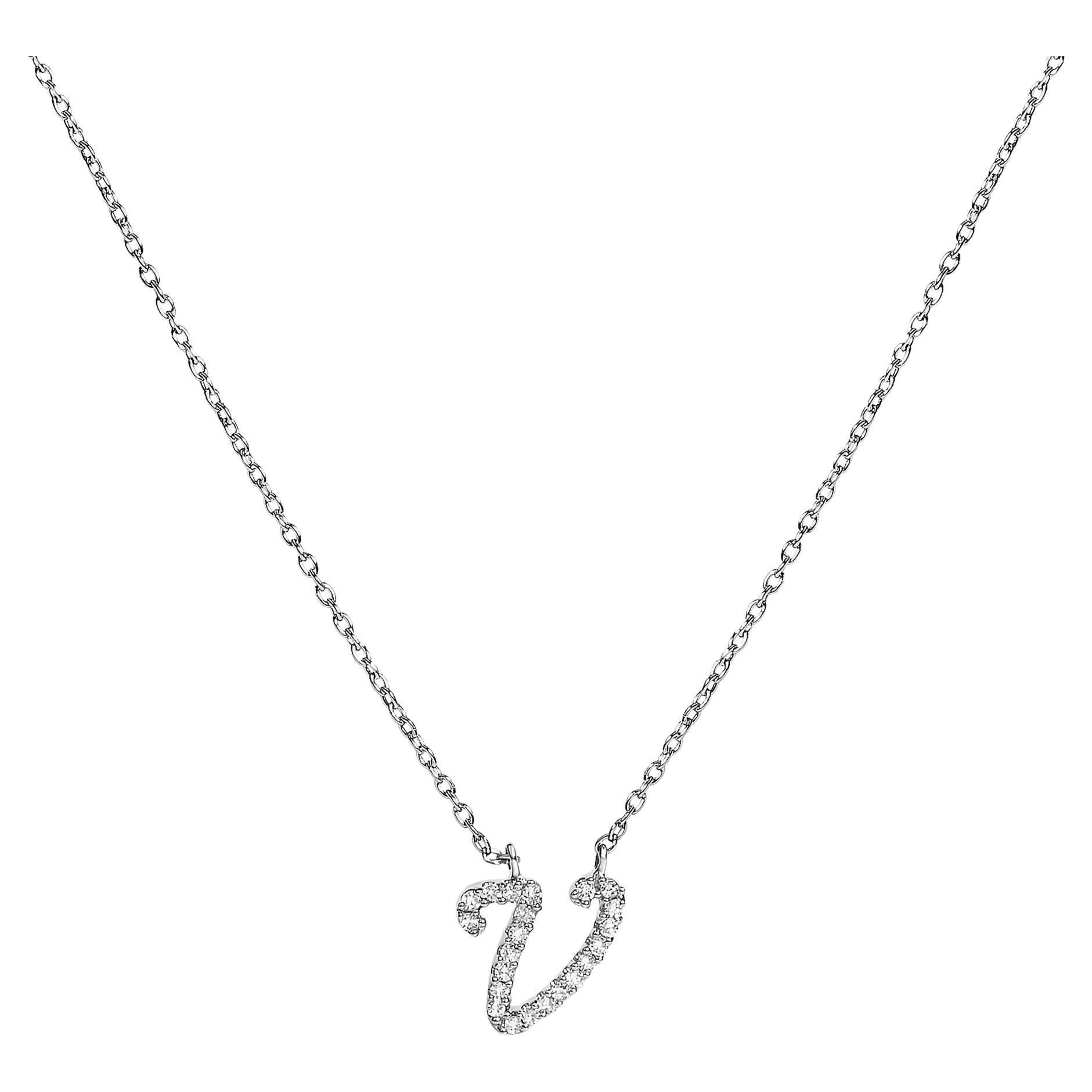 10K White Gold Diamond Accent "V" Initial Script Style Pendant Necklace For Sale