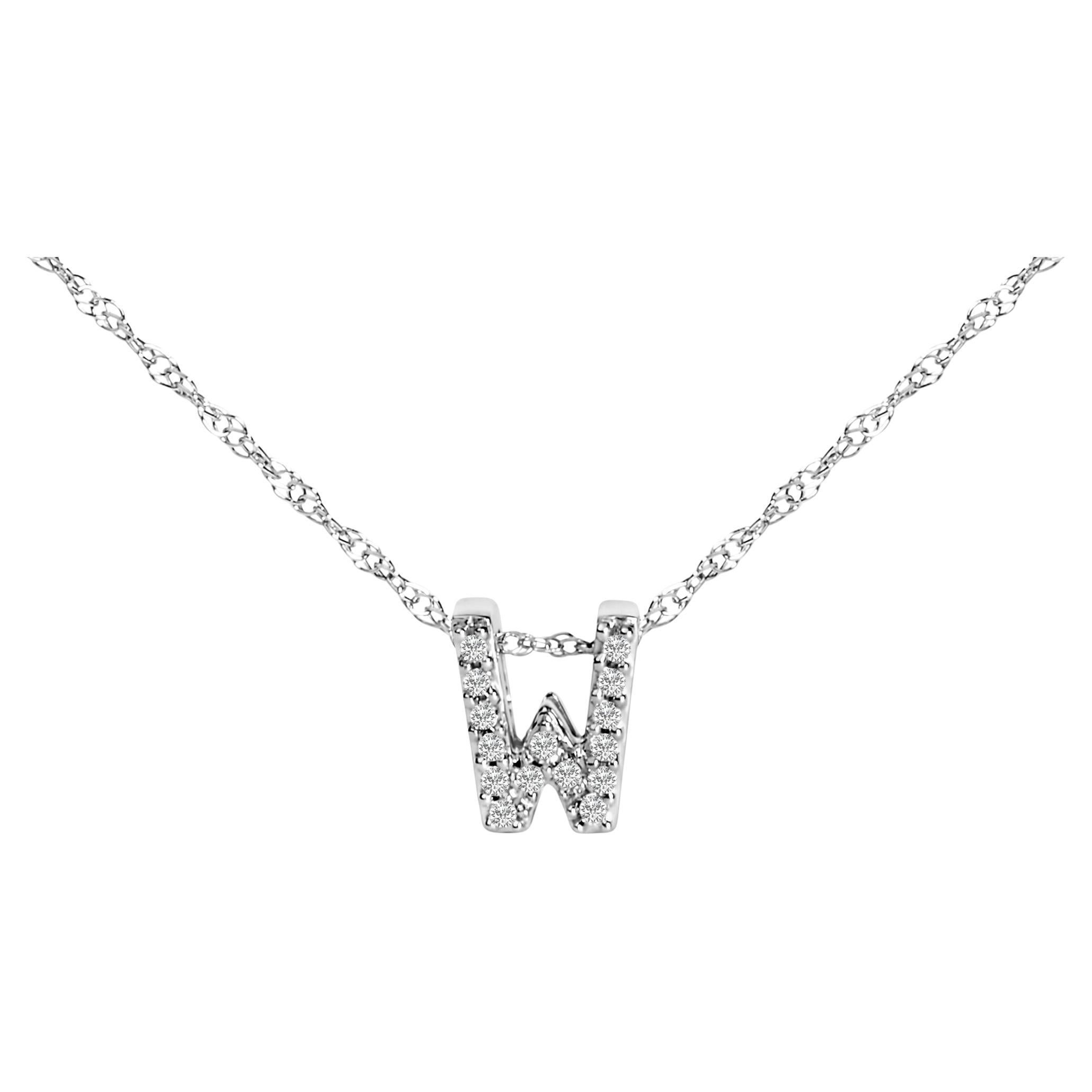 Collier pendentif initial Alphabet « W » en or blanc 10 carats avec diamants