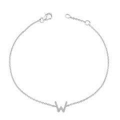 10K White Gold Diamond Accent "W" Initial Charm and Link Bracelet