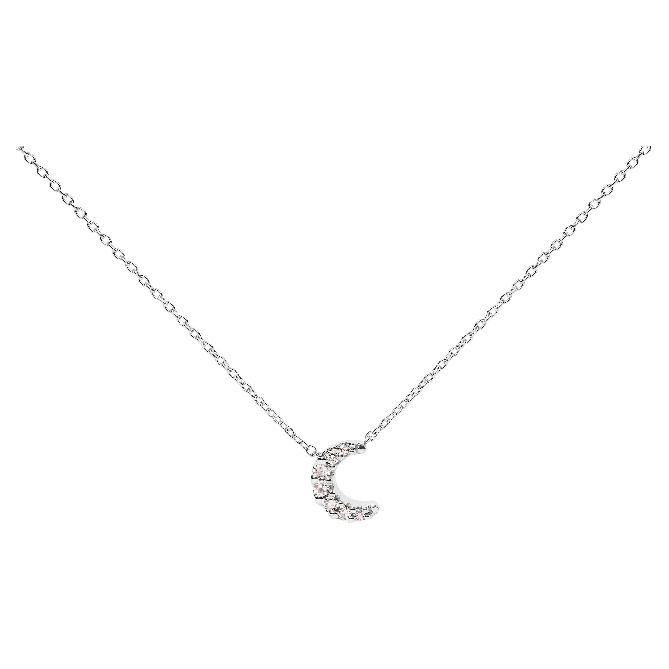 10K White Gold Diamond Accented Crescent Moon Shaped 18" Inch Pendant Necklace For Sale