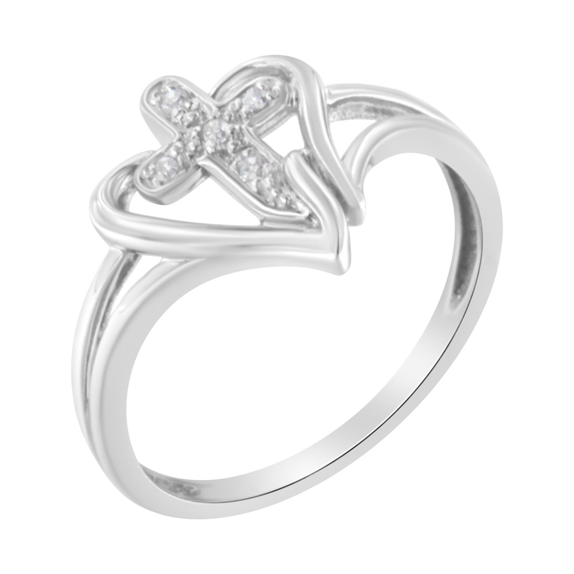 10K Weißgold Diamant-Accented Kreuz & offenes Herz Versprechen Mode Ring (Moderne) im Angebot
