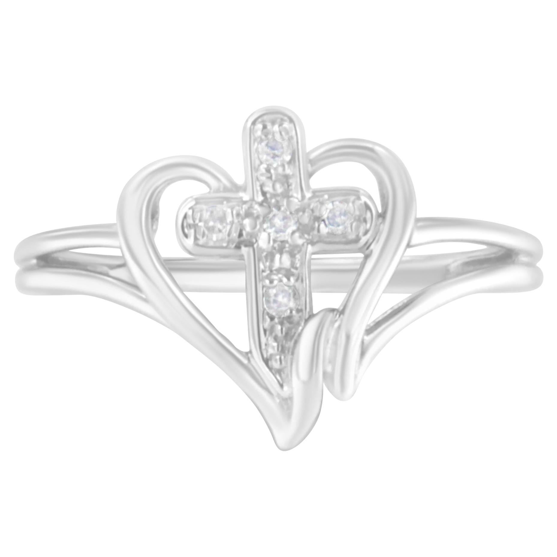 10K Weißgold Diamant-Accented Kreuz & offenes Herz Versprechen Mode Ring im Angebot