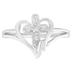 10K Weißgold Diamant-Accented Kreuz & offenes Herz Versprechen Mode Ring